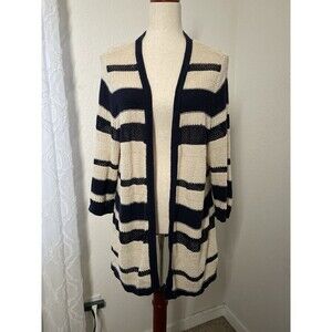 CJ Banks Women Navy Beige Striped Long Line Cardigan Sweater Plus Size X Preppy